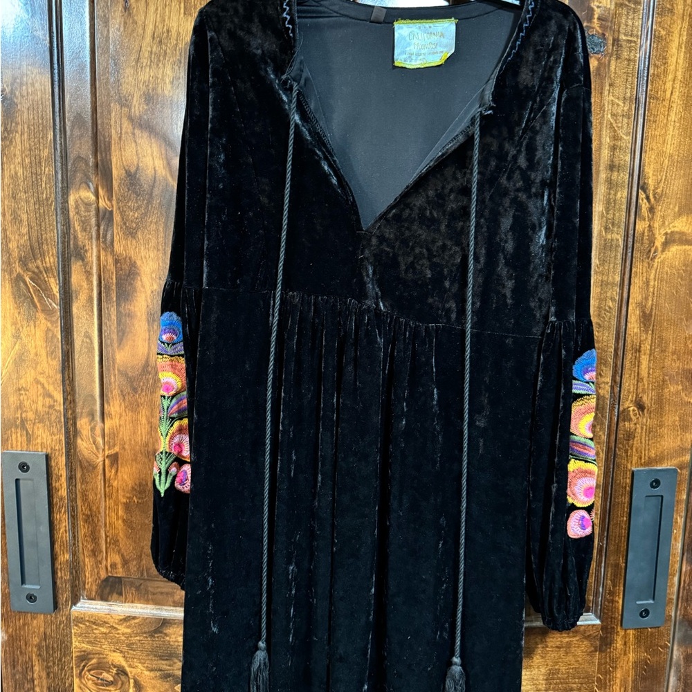 Black Velvet Dress with Embroidered Sleeves